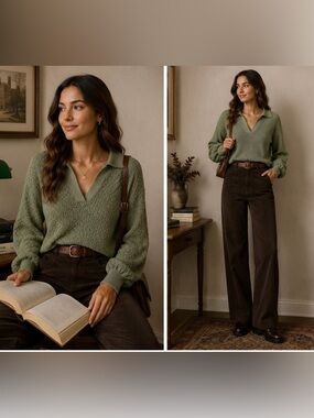Lilla P Womens Green Knit Collared Pull Over Sweater Size Medium